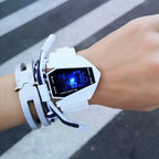  Kids watch with white strap and blue LED digital display on wrist, water-resistant 50M.