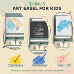 3-in-1 kids whiteboard learning organizer with blackboard, paper roll, and storage bins.