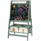 Blackboard side of kids whiteboard learning organizer with colorful chalk drawings.