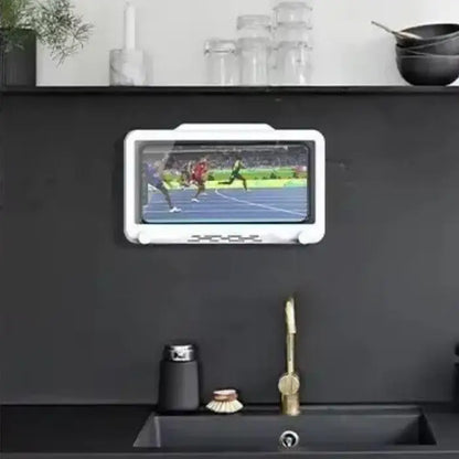 Waterproof tablet mounted above kitchen sink displays sports event, enhancing multitasking capabilities in modern kitchen design.