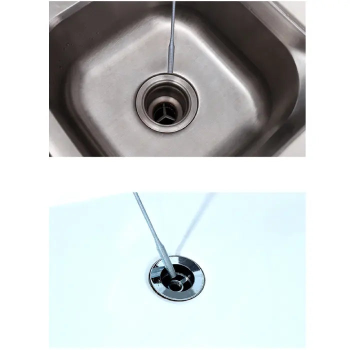 Kitchen pipe dredging tool inserted into a sink drain for unclogging.