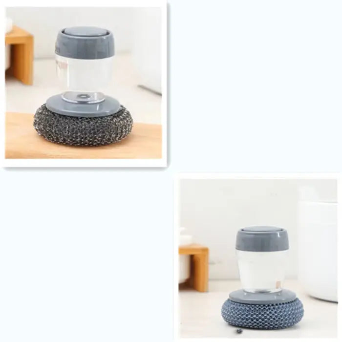 Dual kitchen scrubber designs with metal and plastic bristles displayed on a wooden surface.