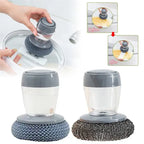 Kitchen dish scrubber with soap dispenser showing before and after cleaning effectiveness on surfaces.