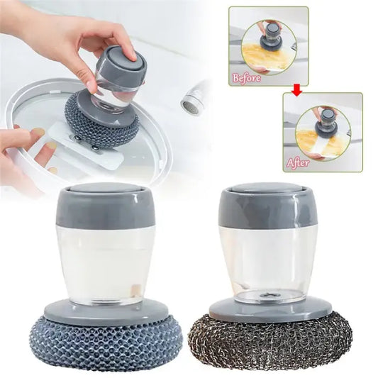 Kitchen dish scrubber with soap dispenser showing before and after cleaning effectiveness on surfaces.