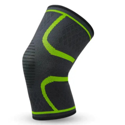 Knee brace with neon green supportive lines on black fabric, offering high-visibility compression and stabilization for active lifestyles