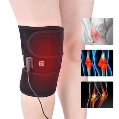 Knee heating pad with red glow, inset images of knee pain points and thermal scans showing heat therapy effects on joints