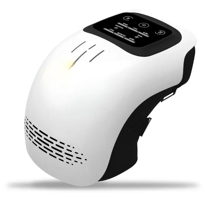 Knee massager with display screen showing heat therapy and massage functions 