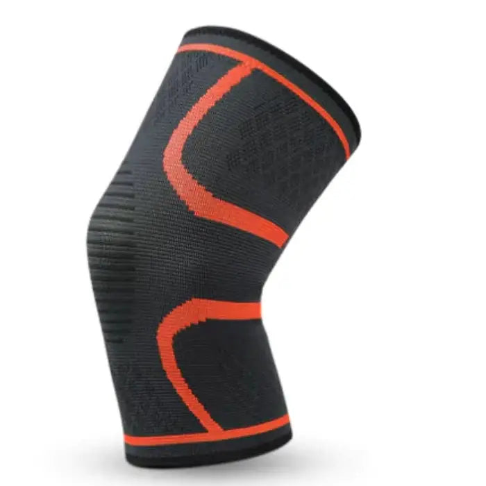 Athletic knee sleeve featuring orange compression lines on black, designed for enhanced joint support and improved circulation during exercise