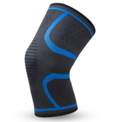 Ergonomic knee sleeve with blue supportive pattern on dark fabric, offering compression and flexibility for sports and exercise