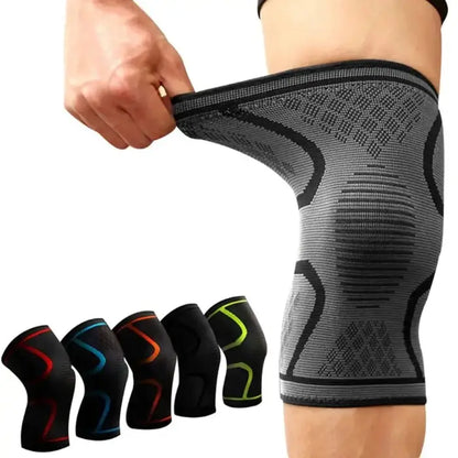 Elastic knee support sleeve in gray with black trim, showcasing multiple color options for sports and fitness use