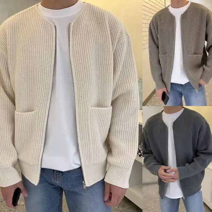 Knit Cardigan with zip-up front, dual front pockets, styled casually with jeans and white shirt.