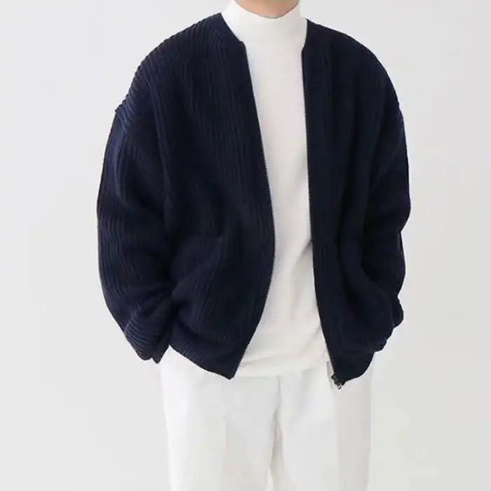 Knit Cardigan in navy with white innerwear and pants for a clean, smart-casual aesthetic