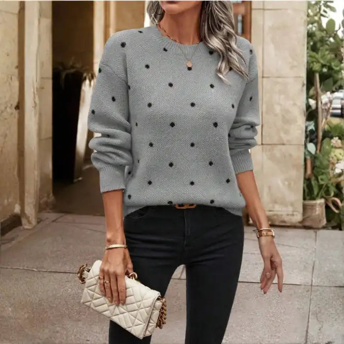  Knit crew neck polka dot pullover sweater in beige, back view showing textured knit and black dot pattern.