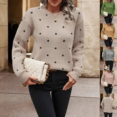 Knit crew neck polka dot pullover sweater in beige with black dots, cozy long sleeves, front view styling.