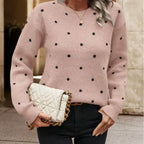  Knit crew neck polka dot pullover sweater in gray with black dots, comfortable fit, casual front view styling.