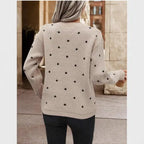  Knit crew neck polka dot pullover sweater in mustard yellow with black dots, cozy casual front view styling.