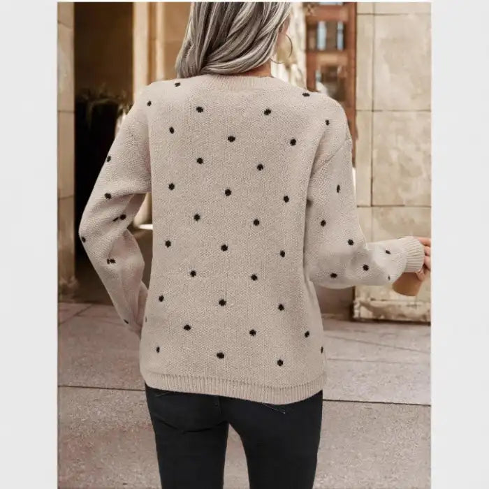  Knit crew neck polka dot pullover sweater in mustard yellow with black dots, cozy casual front view styling.