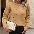  Knit crew neck polka dot pullover sweater in light pink with black dots, soft knit texture, front view.