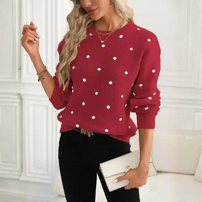  Knit crew neck polka dot pullover sweater in red with white dots, cozy casual front view styling.