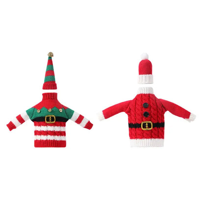 Set of two festive wine bottle outfits featuring elf stripes and Santa cable knit patterns on white background