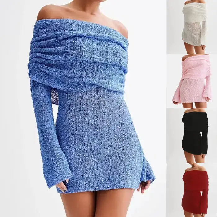  Knitted dress in five colors with off-shoulder design and textured sparkle fabric on display