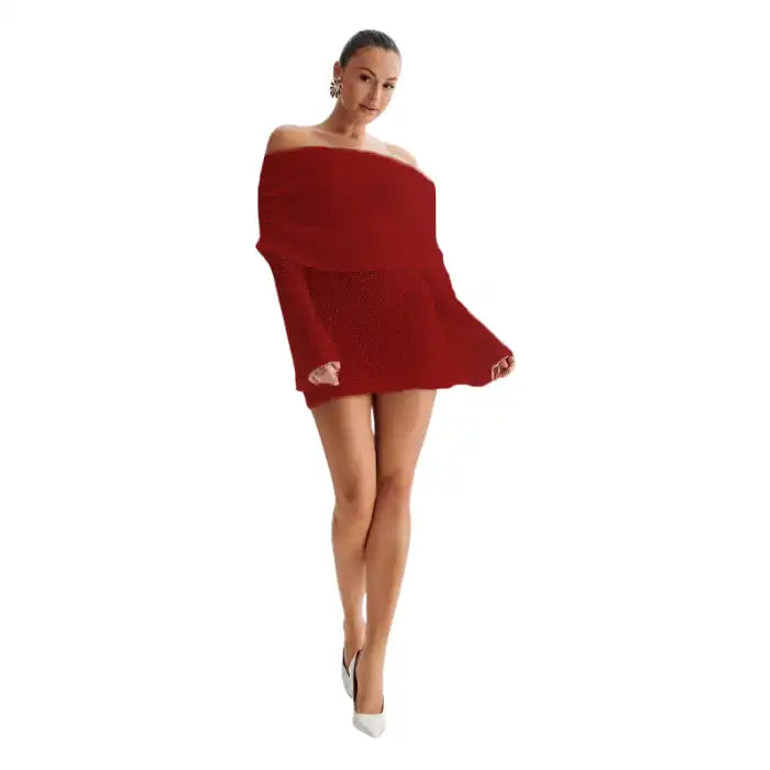  Knitted dress in red with mini length, off-shoulder neckline, and flared sleeves in front view.