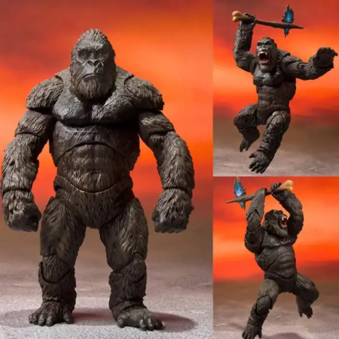 Detailed Kong action figure with dynamic poses and axe weapon from Godzilla vs Kong 2021 movie.