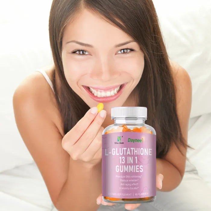 Natural wellness lifestyle shot featuring L-glutathione supplement bottle on white bedding