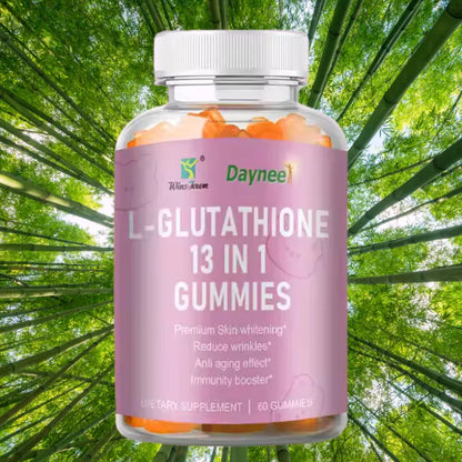 L-glutathione supplement bottle displayed against lush green bamboo forest backdrop