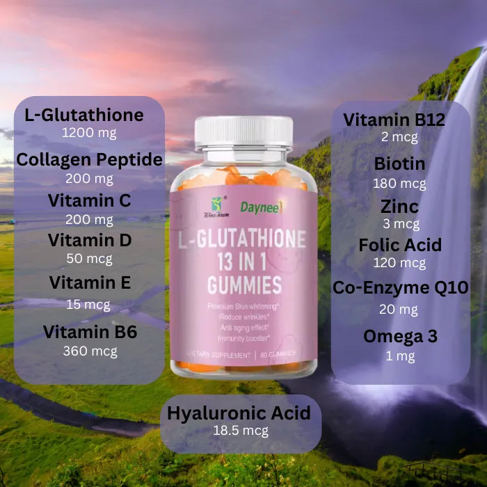 L-glutathione gummies ingredient breakdown infographic with waterfall landscape background