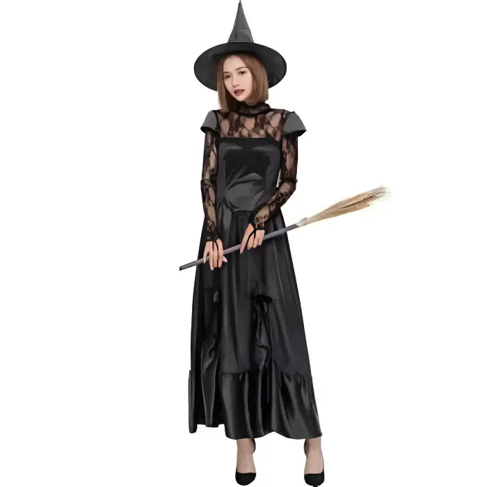 Lace witch Halloween costume with long black gown, pointed hat, and broom.