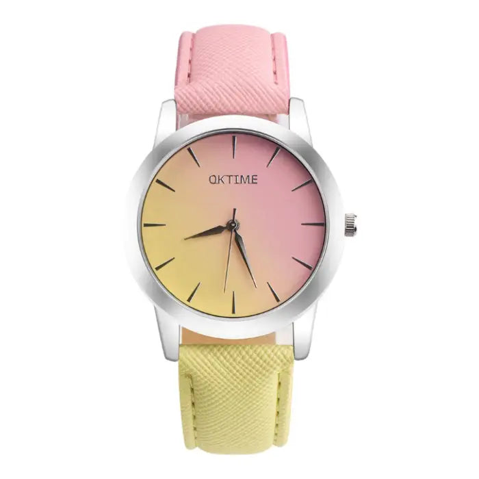 Fashion watch with yellow to pink ombre dial, silver case, and dual-tone pastel leather band