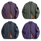 Four bomber jackets in different colors on a white background
