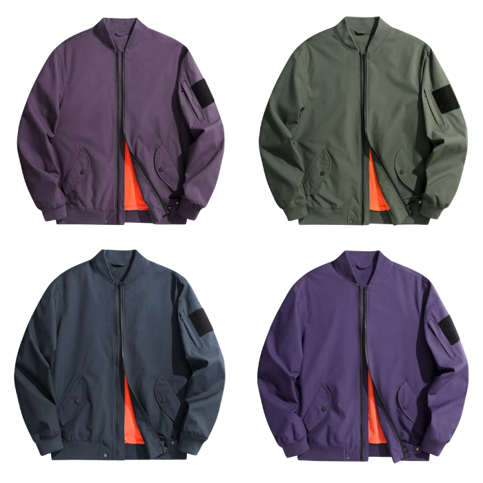 Four bomber jackets in different colors on a white background