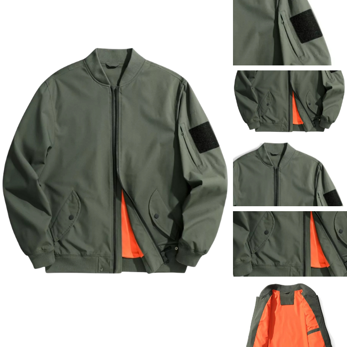 Green jacket with orange lining and black arm patches, shown from multiple angles on a white background.