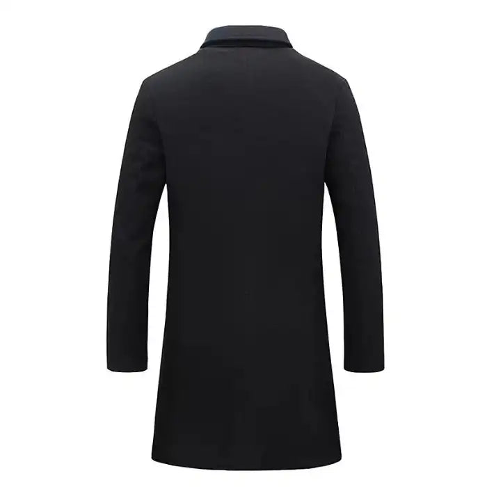Back view of black lapel trench coat showing straight-cut design and collar detail.
