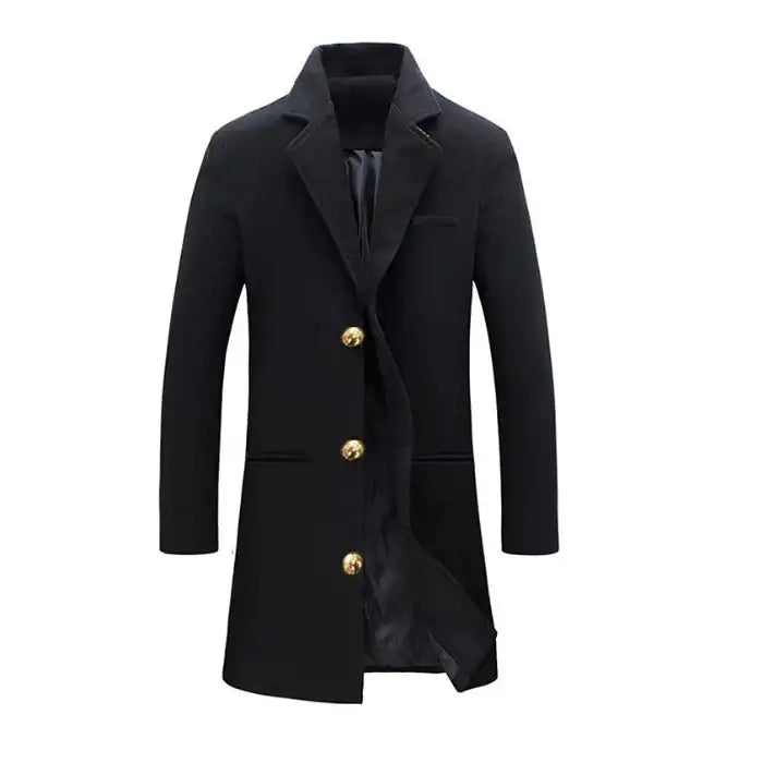 Black lapel trench coat with three gold buttons displayed on plain background, front-facing view.