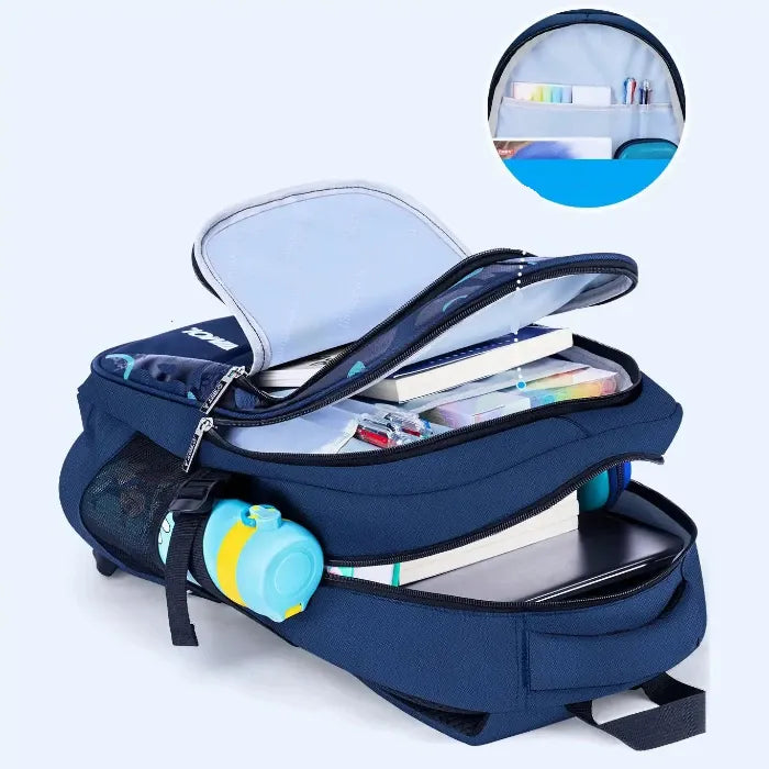 Open navy backpack showing large capacity, multiple compartments, pencil case, and water bottle holder