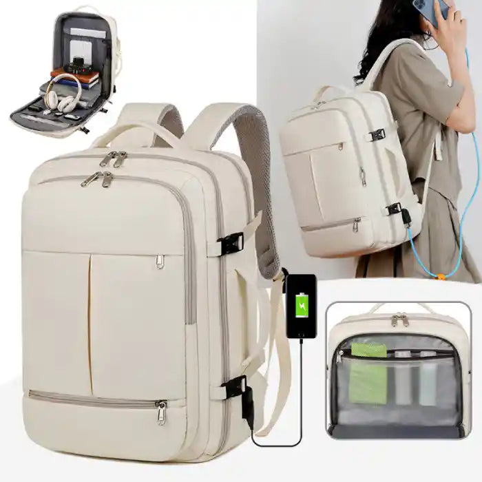 Large capacity versatile business backpack with USB charging port and organized compartments in cream.