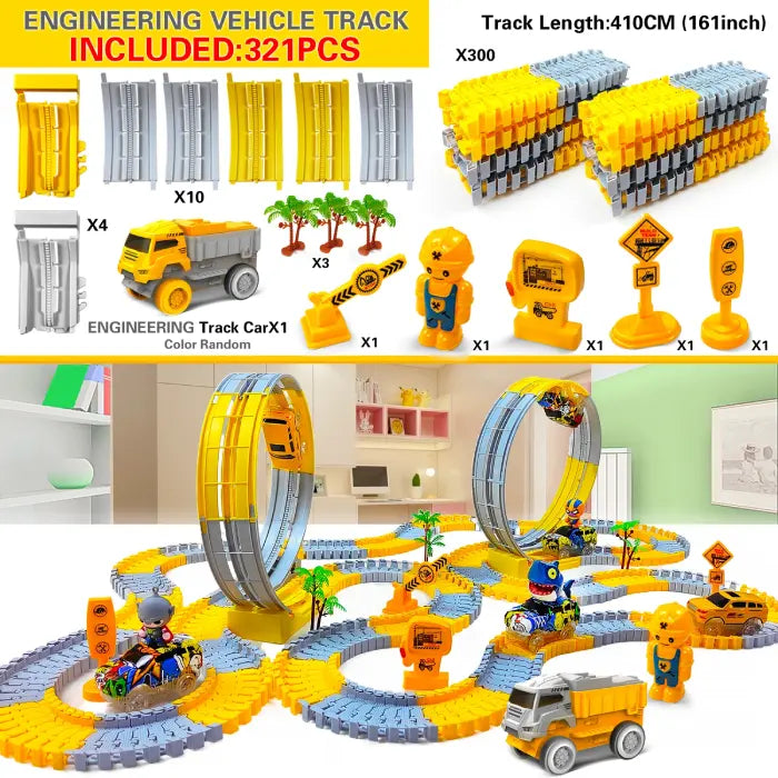 321-piece engineering track set with large loops, flexible tracks, and multiple cars for creative play.