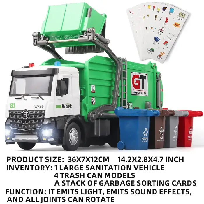 Large green garbage truck toy with bins and sorting cards for interactive waste sorting play.