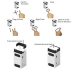 Laser keyboard functions guide showing cursor control, click, drag scroll, zoom, and stand close.