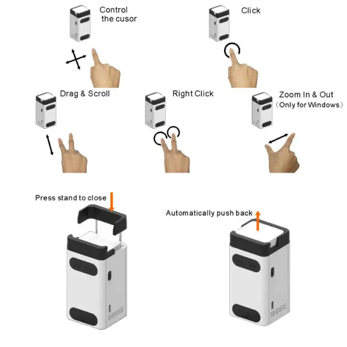 Laser keyboard functions guide showing cursor control, click, drag scroll, zoom, and stand close.