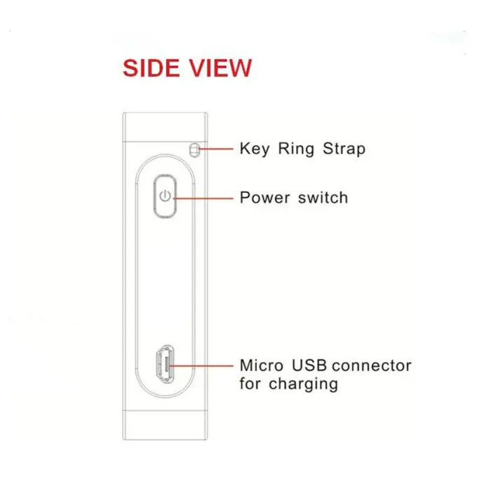 Laser keyboard side view showing micro USB charging port and power switch diagram.