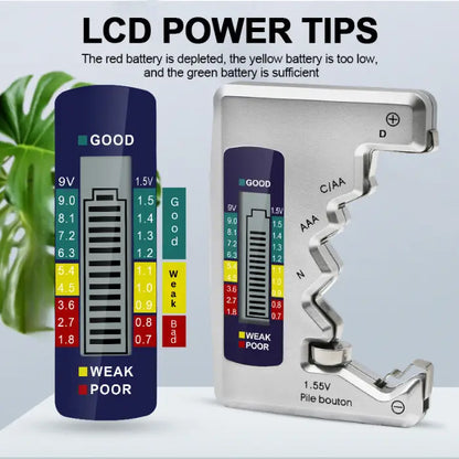 Battery tester with an LCD display showing power levels from green (good) to red (poor), suitable for AA, AAA, and 9V batteries.