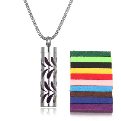 Elegant leaf design aromatherapy pendant made of stainless steel with colorful felt pads for oils.