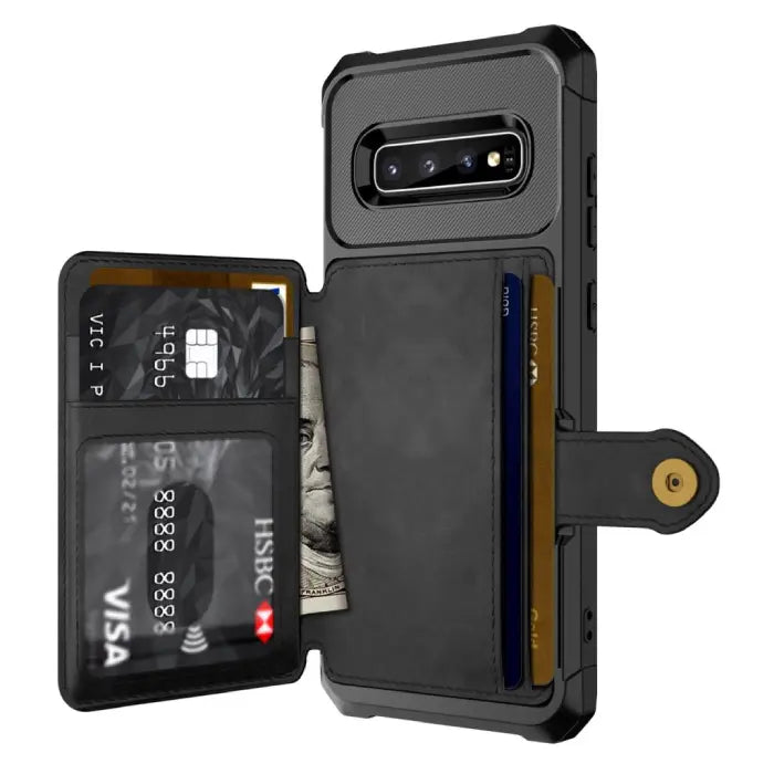 Leather wallet case in black with card slots, bill storage, and rear camera cutout for convenience and style.