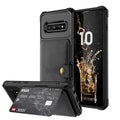 Black leather wallet case shown from multiple angles with card slot and raised bezel for screen safety.