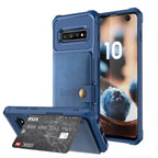 Blue leather wallet case designed for Galaxy S10 with card slot, kickstand, and magnetic closure.