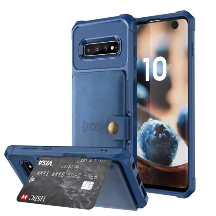 Blue leather wallet case designed for Galaxy S10 with card slot, kickstand, and magnetic closure.